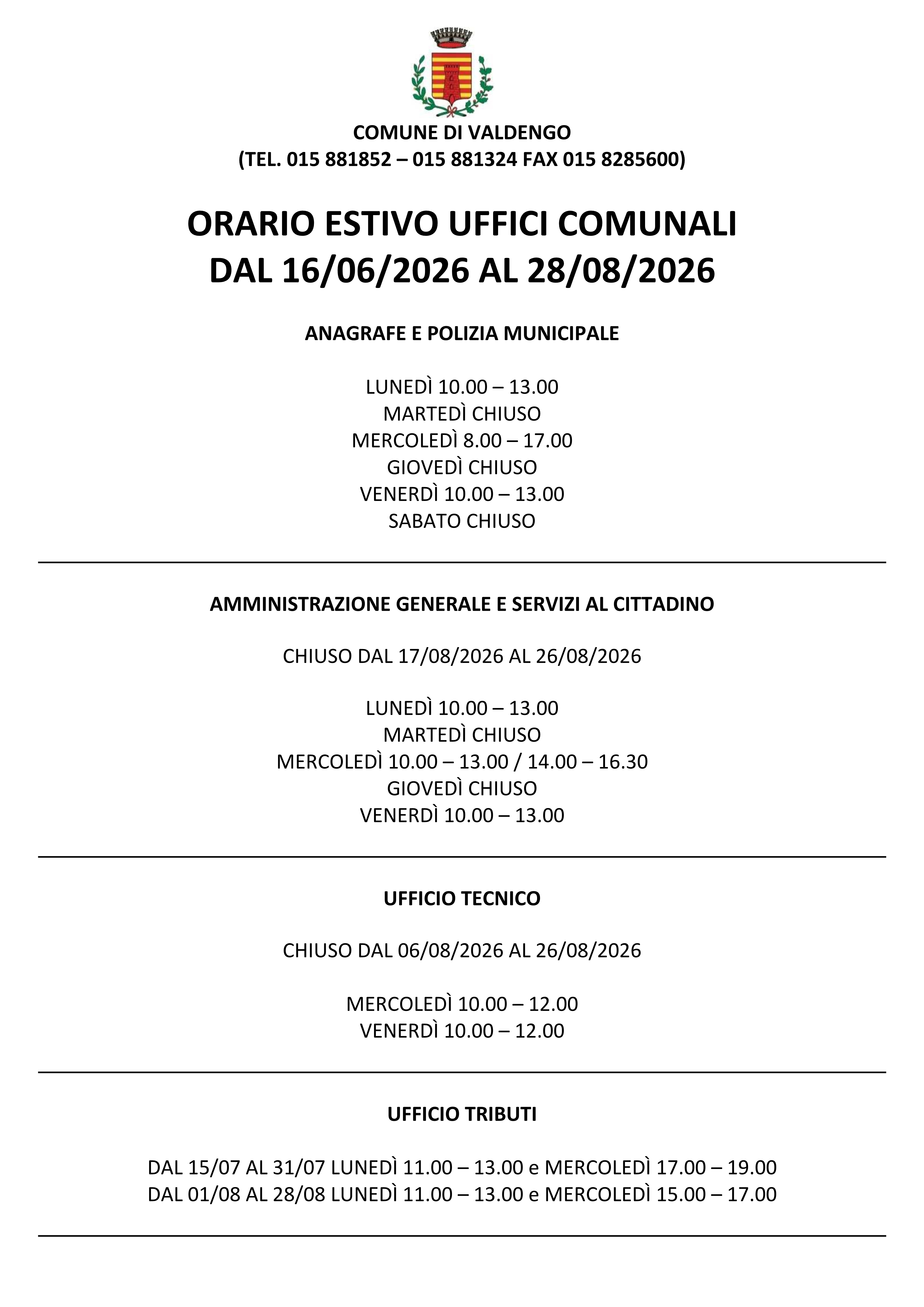 Orario estivo uffici comunali